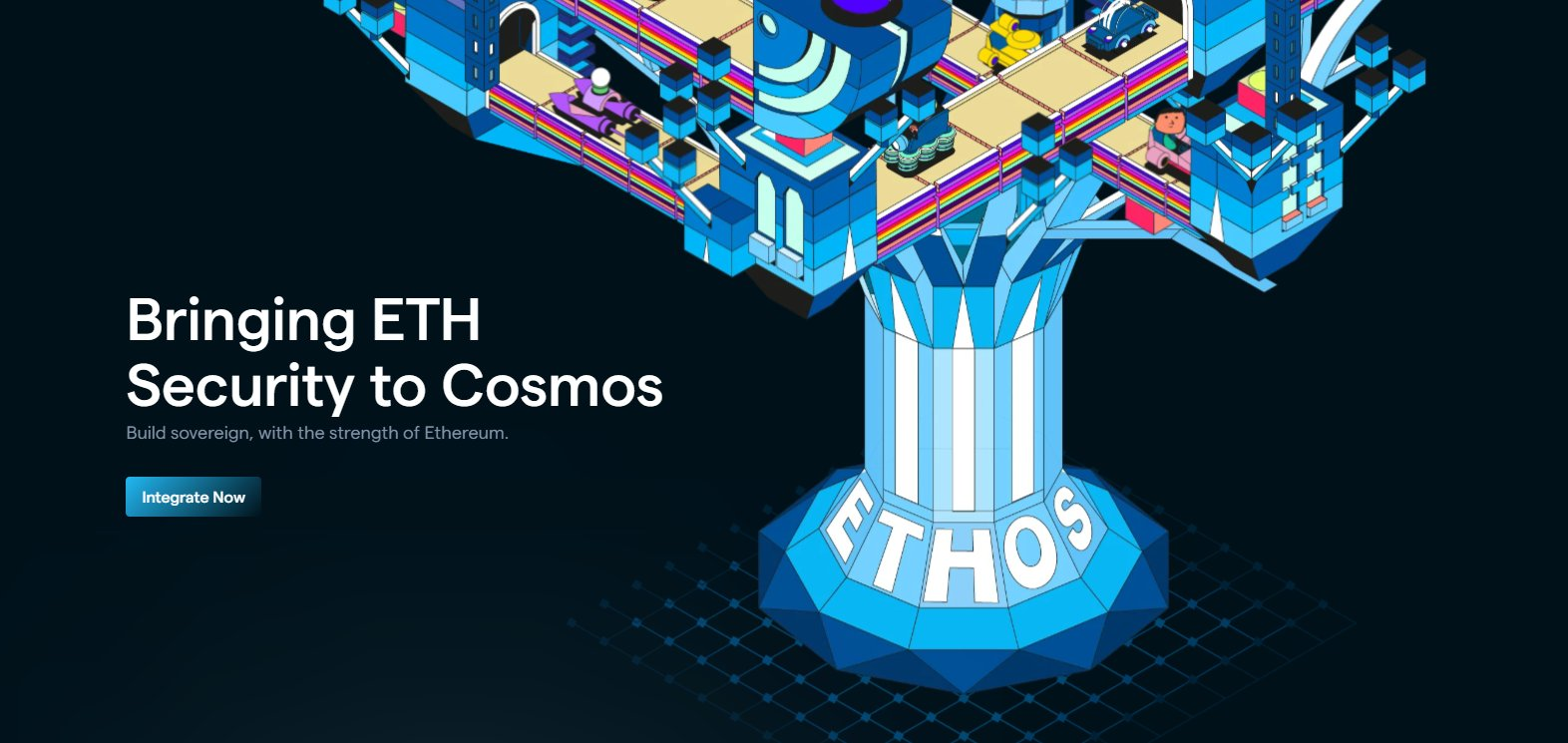 In a similar manner to Babylon chain’s distribution of Bitcoin economic security to Cosmos chains, Ethos pioneered a comparable approach using EigenLayer and Ethereum via the restaking of ETH and its validator-enabled middleware layer. (Image Credit: 100.y.eth via Twitter and the Ethos website)