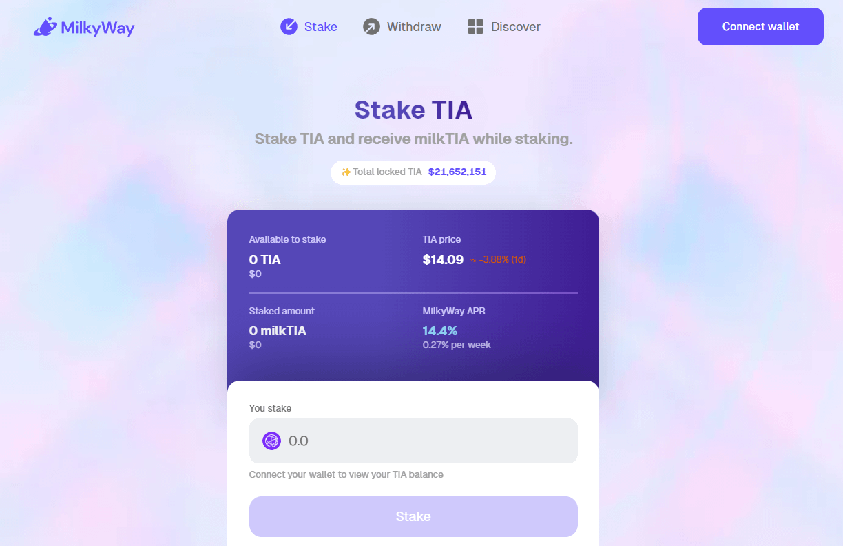 The MilkyWay platform’s liquid staking interface is simple, easy-to-use, and intuitive, allowings users to stake and unstake their TIA in exchange for milkTIA with a few simple clicks. (Image Credit: Rekt Fencer Twitter post via Twitter)