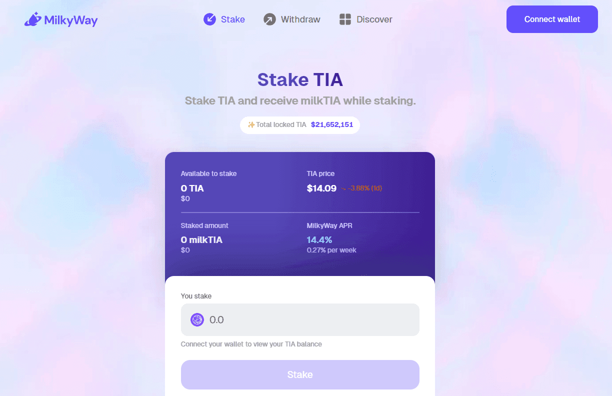 The MilkyWay platform’s liquid staking interface is simple, easy-to-use, and intuitive, allowings users to stake and unstake their TIA in exchange for milkTIA with a few simple clicks. (Image Credit: Rekt Fencer Twitter post via Twitter)