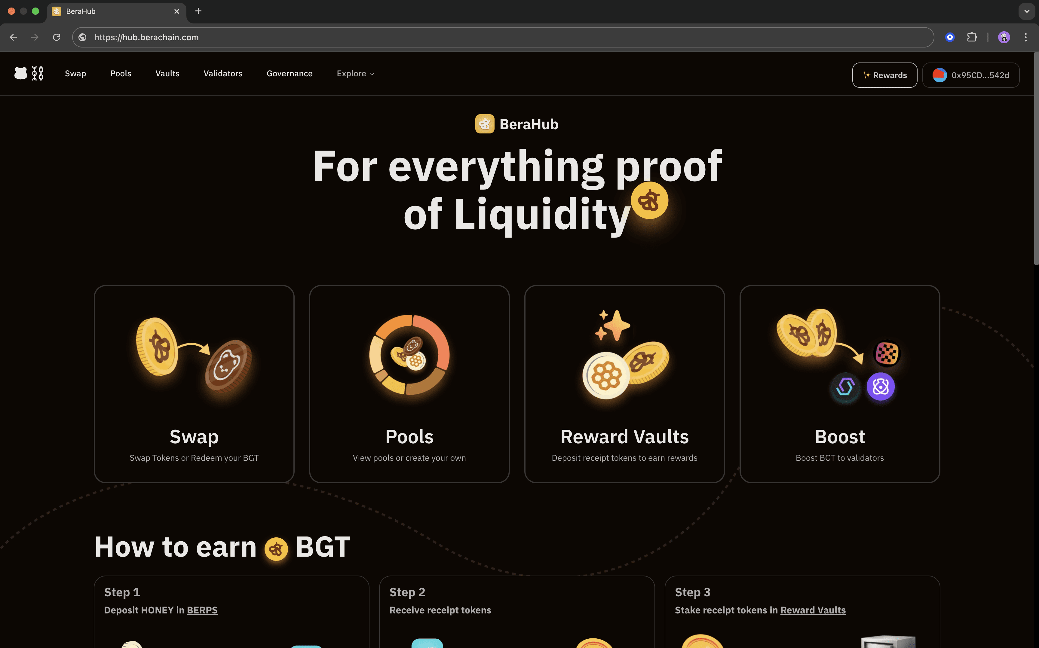 Bera Hub (former BGT Station) allows users to select which validators they’d like to support by allowing them to indirectly vote (by supporting the validator that votes on their behalf) on Berachain governance by bonding (staking) their assets within. (Image Credit: https://docs.berachain.com/learn/dapps/berahub)