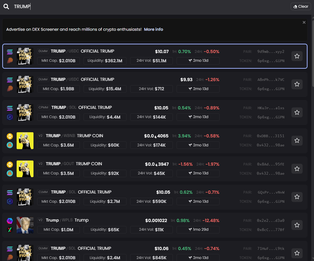 Screenshot of https://dexscreener.com/ showing some of the different TRUMP